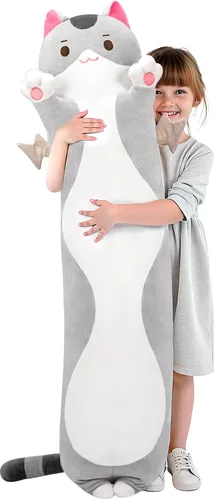 Vista 14 de Mewaii Peluche de gato largo, 5 tamaños, 120% relleno extra, almohada gigante para el cuerpo de los niños, lindo peluche Kawaii de ojos grandes