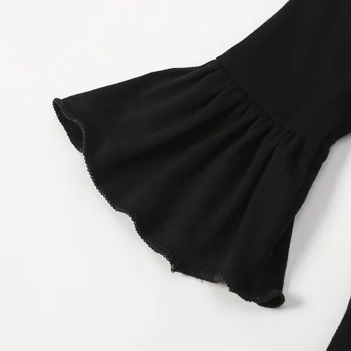 Vista 4 de Noubeau Trajes de Halloween para bebés y niñas pequeñas, con estampado de letras, manga acampanada, camisa de vestir linda calabaza con pantalones