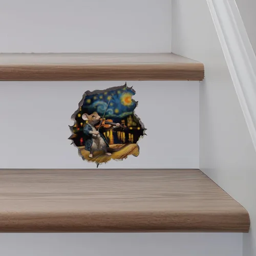 Vista 5 de Calcomanía de pared 3D con agujero de ratón con diseño de violín de noche estrellada