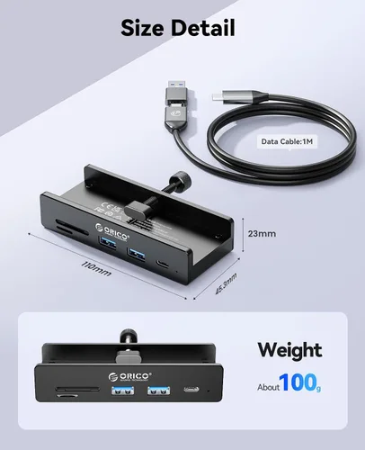 Vista 7 de ORICO Hub USB 3.2, Abrazadera USB Hub con puerto de fuente de alimentación adicional, extensor USB de 5 puertos de aluminio de 10 Gbps con 2 puertos