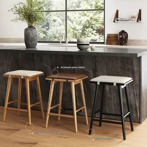 Vista 10 de Nathan James Barker Taburete de Bar Clásico de Altura de Mostrador de Madera con Cojín Extraíble de Cuero, Taburete de Bar de Isla sin Respaldo