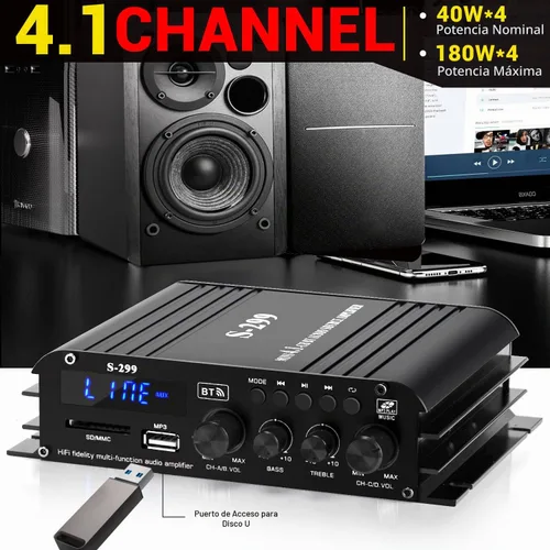 Vista 4 de Amplificador de audio Bluetooth S299 Max 800W para el hogar, RMS 40Wx4 4.1CH Amplificador de potencia Bluetooth con subwoofer activo, sistema