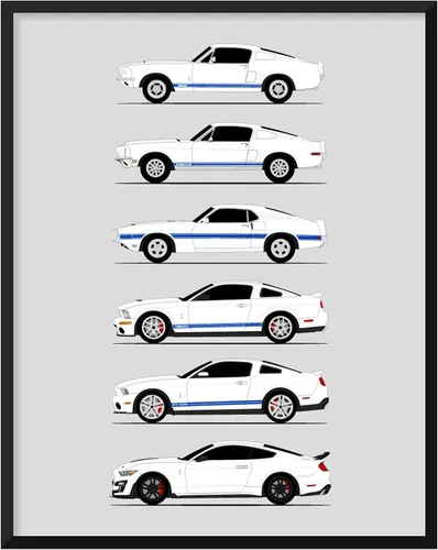 Vista 10 de Custom Car Posters Póster hecho a mano compatible con Shelby Mustang GT500 Generations e impresión de Ford Shelby GT500, azul con rayas blancas