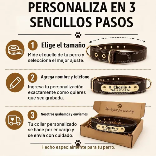 Vista 8 de Collar de cuero para perro personalizado con placa de nombre grabable - Collar con etiqueta de identificación duradera - Collar para perro