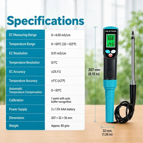 Vista 3 de Medidor digital EC de suelo 2 en 1 plantas porfesionales medidor de temperatura EC con sensor con cable, pantalla LCD retroiluminada, compensación