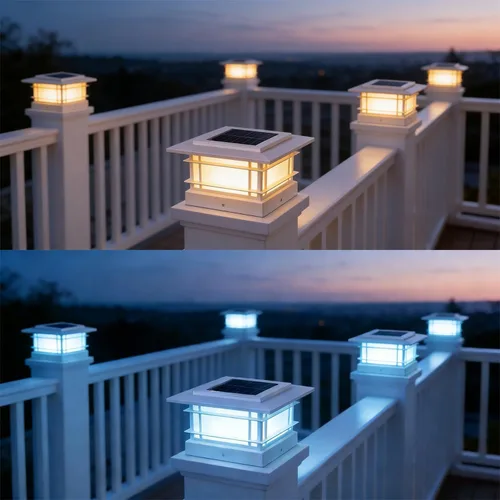 Vista 6 de Dynaming Luces solares de 4 x 4 para exteriores con 2 modos de color, luces solares para poste de valla, carcasa blanca para postes de Blanco