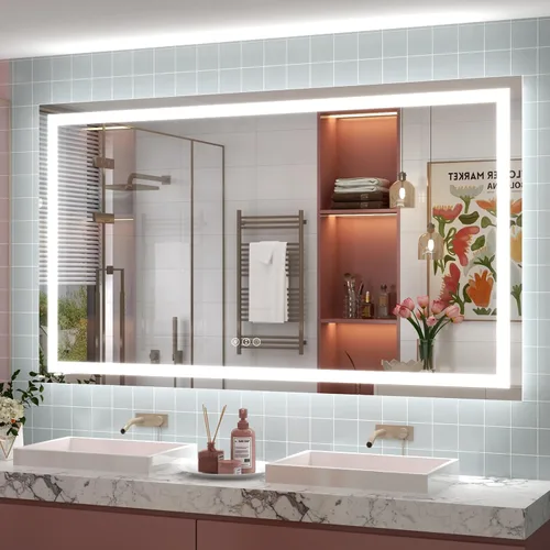Vista 40 de Espejo de baño LED iluminado de 30 x 30 pulgadas para pared, espejo cuadrado de tocador con luces, regulable, antivaho, a prueba de roturas