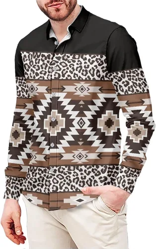Vista 21 de Camisa azteca con botones para hombre, patrón nativo americano, camisas de manga larga con cuello en V y nación tribal