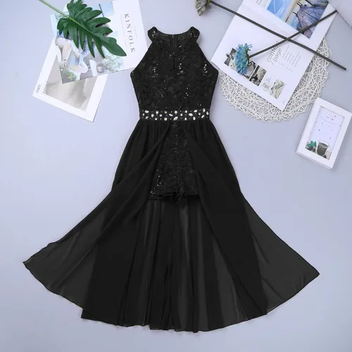 Vista 4 de Daenrui Vestido largo de encaje floral para niñas y niñas, con cuello halter, para baile de boda, fiesta de baile