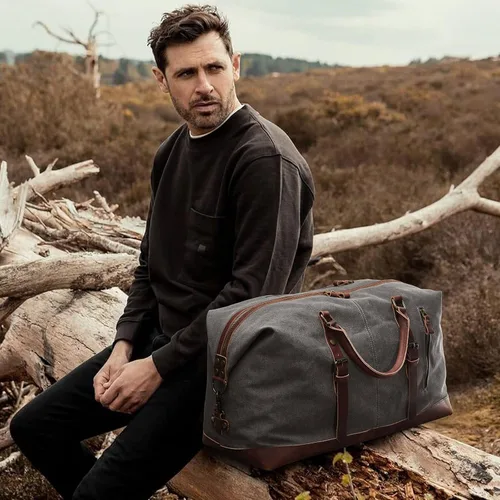 Vista 8 de S-ZONE - Bolsa de viaje de lona sobredimensionada con adornos de cuero genuino, bolsa deportiva de hombro de fin de semana, bolso de fin de semana