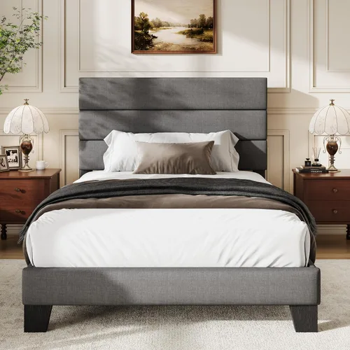 Vista 19 de WEEWAY Base de cama tamaño individual con cabecera tapizada de tela de lino y soporte de listones de madera, base de colchón resistente, no necesita