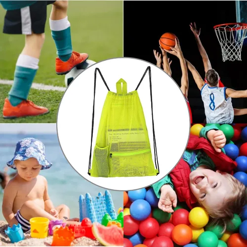 Vista 6 de Bolsa de malla con cordón resistente, mochila de gimnasio con soporte para botellas para bolas, natación, juguetes de playa, Amarillo claro, Deportes