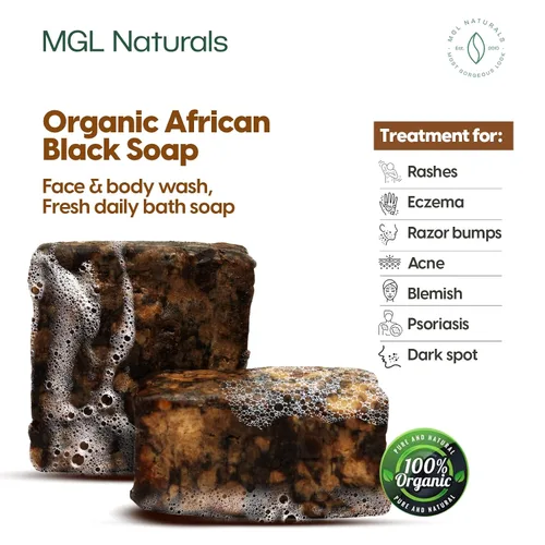 Vista 5 de MGL Naturals Jabón negro africano crudo en olla de coco Premium y orgánico Limpieza profunda facial y corporal. Para acné, eccema y manchas