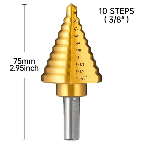 Vista 4 de Broca escalonada de titanio, broca de paso de 1/4" a 1-3/8" para metal, juego de 10 tamaños de broca escalonada HSS Unibit