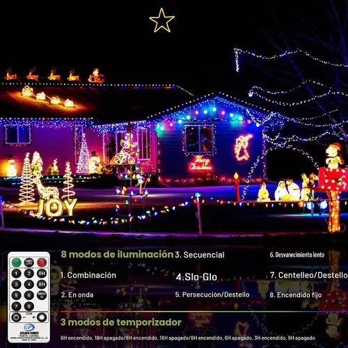 Vista 4 de Eueasy Luces de Navidad para exteriores, 1000 luces LED de 344 pies, enchufables, impermeables, con control remoto, 8 modos con temporizador