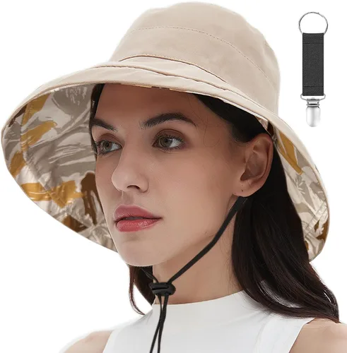 Vista 12 de vidsel Sombreros de sol para mujer, de ala ancha, reversible, de algodón, plegable, de verano, con clip para sombrero, protección UV Beige
