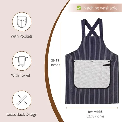 Vista 2 de Delantal con bolsillos para mujeres y hombres, diseño de espalda cruzada con toalla, lavable a máquina, delantal de cocina para cocinar, asar a