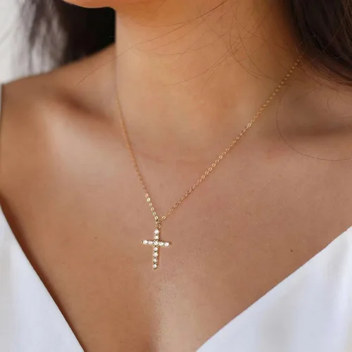 Vista 3 de Tewiky Dainty Cross Necklace for Women, 14K Gold Plated Simple Cross Choker Necklaces Small Cross Pendant Tiny Cute Necklaces Handmade Aesthetic