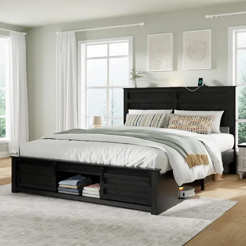 Vista 3 de Base de cama tamaño matrimonial con cabecero de madera, estructura de cama de plataforma de madera con estribo de puerta corrediza de granero
