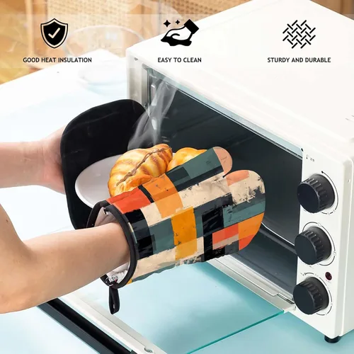 Vista 6 de MCALK Juego de 5 manoplas de horno y soportes para ollas, guantes abstractos para horno y almohadillas calientes para cocina de cocina, manoplas