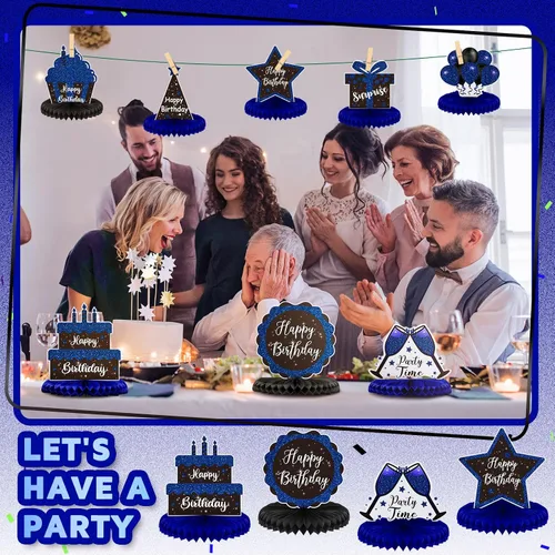 Vista 2 de Yexiya 8 piezas de centro de mesa de cumpleaños azul y negro, centros de mesa de panal de abeja de feliz cumpleaños, centros de mesa de panal