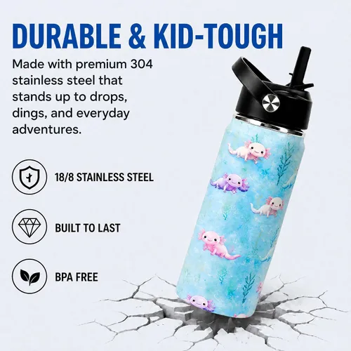 Vista 6 de Botella de agua de 16 onzas para niños, linda botella de acero inoxidable aislada con tapa abatible con popote abatible a prueba de fugas, taza