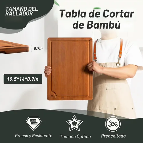 Vista 2 de Tabla de cortar de bambú extra grande con pies antideslizantes y tabla de cortar de madera para cocina con ranura de jugos para carne, verduras
