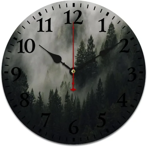 Vista 17 de Generic Reloj de pared de madera, bosque brumoso, redondo, retro, 10 pulgadas, movimiento de cuarzo con pilas Estampado