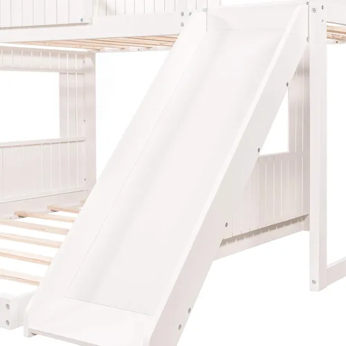 Vista 6 de Bastidores de litera de tamaño individual sobre matrimonial con tobogán, barandillas de seguridad y escalera para adolescentes, niñas o niños