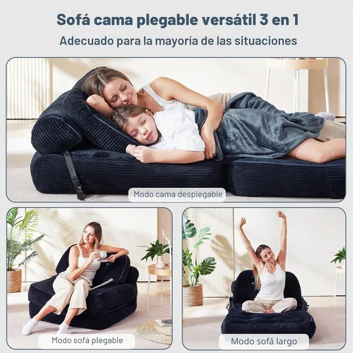Vista 4 de Silla plegable, sofá convertible con respaldo y almohada, capacidad de carga de hasta 300 libras, plegable de 32 a 64 pulgadas, no requiere montaje