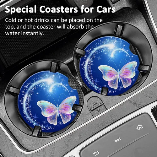 Vista 2 de Posavasos para automóvil, diseño de mariposas y estrellas de fuegos artificiales, para portavasos de automóvil, universal, antideslizante