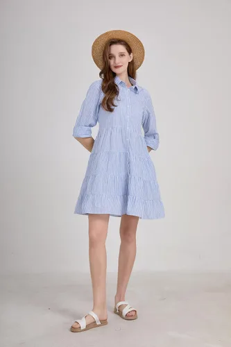 Vista 5 de utcoco Vestido camisero a rayas con botones para mujer, casual, holgado, con puños, manga larga, vestidos largos