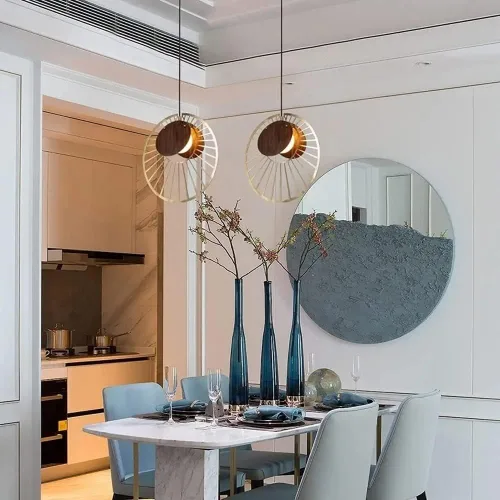 Vista 2 de Arte de madera de granja, decoración retro, ajustable, lámpara colgante de disco hueco, rústico, para cocina, isla de comedor, sala de estar