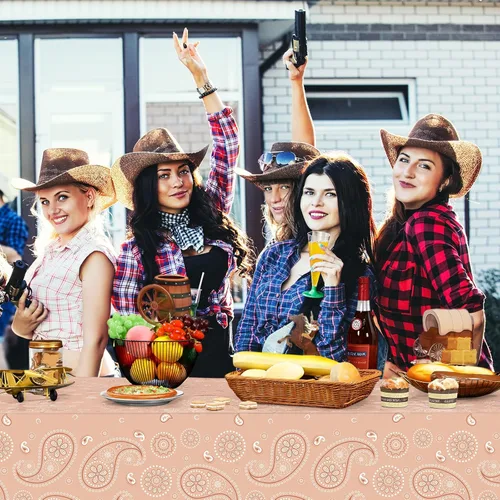Vista 7 de Tatuo Mantel de fiesta del oeste con estampado de cachemira, mantel de bandana, mantel de plástico rectangular con flores para fiesta temática