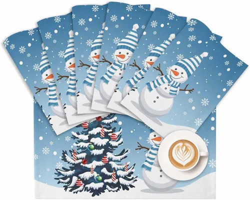 Vista 10 de Juego de 6 manteles individuales de Navidad, muñeco de nieve, copo de nieve, árbol de Navidad, resistentes al calor, para mesa de comedor, lino
