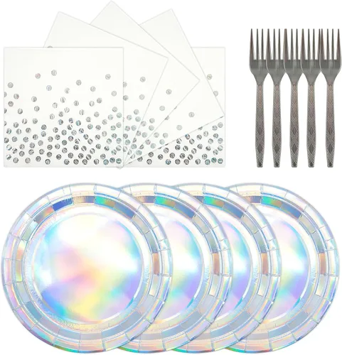 Vista 8 de 72 PIEZAS Platos y Servilletas de Feliz Cumpleaños Suministros para Fiestas, Platos y Servilletas de Papel con Puntos Negros y Dorados con Tenedores