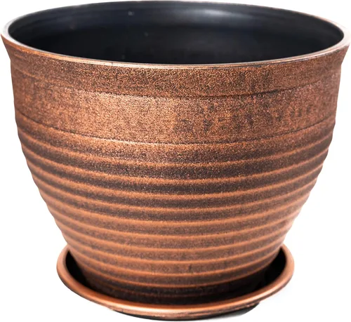 Vista 2 de Paquete de 2 macetas de plástico con patrón circular, aspecto rústico francés (2 macetas + 2 platillos a juego), para interiores, exteriores, Cobre
