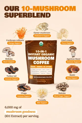 Vista 5 de ShroomDNA - Café de hongos orgánico 10 en 1 certificado por USDA, café instantáneo de hongos tostado oscuro brasileño para una mejor energía
