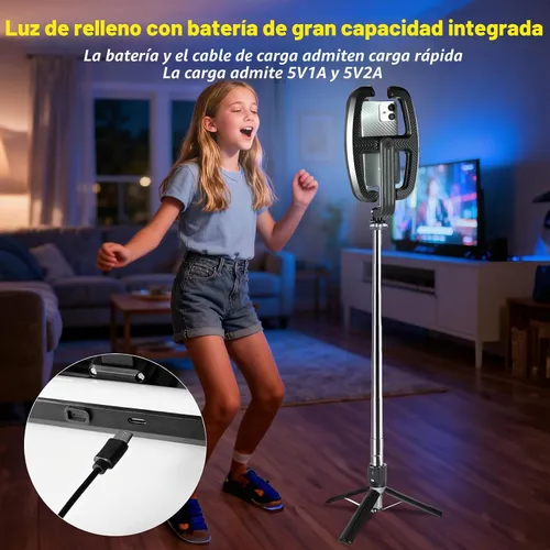 Vista 5 de Luz plegable para selfie con soporte, soporte extensible de 54 pulgadas para teléfono con luces LED regulables y control remoto, trípode de luz