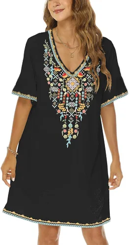 Vista 4 de AK Vestido campesino mexicano bohemio de verano para mujer, manga corta, floral, bordado, suelto, hippie, túnica bohemia
