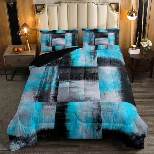 Vista 12 de Erosebridal - Juego de ropa de cama con edredón a cuadros de retazos tamaño individual, aguada geométrica en cuadrícula, conjunto retro grunge