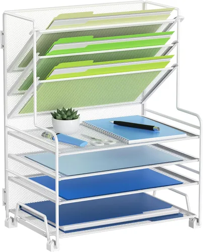 Vista 15 de MINDEPOT Organizador de papel de 4 niveles + soporte para archivos de 3 bolsillos + cajón + soportes para bolígrafos, organizador de archivos