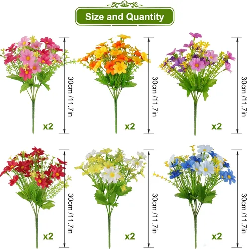 Vista 4 de Flores artificiales colgantes al aire libre con canasta, colgador de plantas, 12 piezas de flores falsas, resistentes a los rayos UV, gypsophila