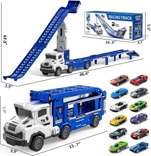 Vista 2 de Juguetes de camiones de transporte para niños de 3, 4, 5, 6 y 7 años, juego de camiones transportadores con pista de carreras y 12 juguetes de autos