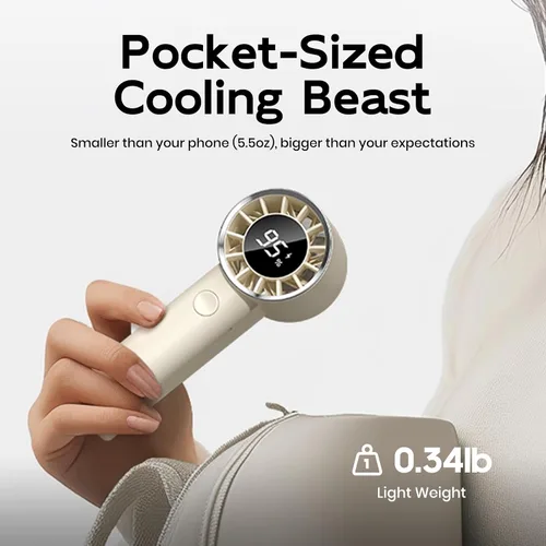 Vista 4 de Ventilador de mano portátil, mini ventilador personal ajustable de 100 velocidades, funciona con batería recargable USB-C de 3000 mAh, pantalla Beige