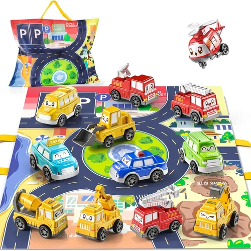 Vista 2 de TEMI - Juguetes de coches tirados para niños pequeños de 1, 2, 3 años para niños y niñas, 12 piezas de juguetes de coches para bebés con alfombrilla