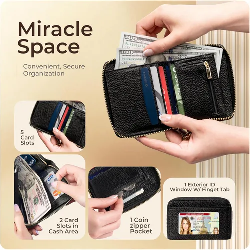 Vista 2 de Claasico Cartera Bifold para mujer con bloqueo RFID Cartera de piel auténtica con cremallera y bolsillo para monedas para mujer Elegante soporte