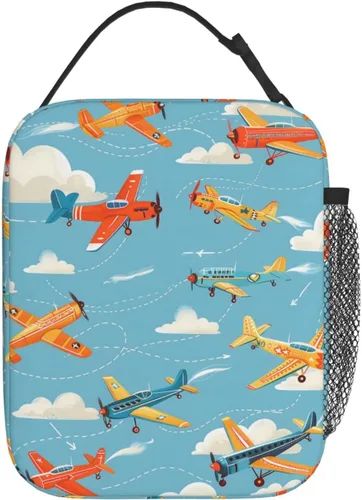 Vista 3 de Lonchera reutilizable con diseño de avión vintage para niños, mujeres y adultos, bolsa de almuerzo azul con aislamiento retro para avión, bolsa