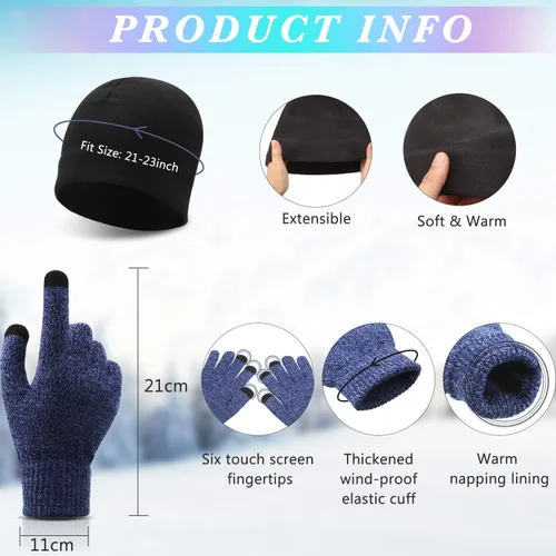 Vista 2 de SATINIOR 6 gorros cálidos de invierno con forro polar y guantes térmicos antideslizantes para pantalla táctil