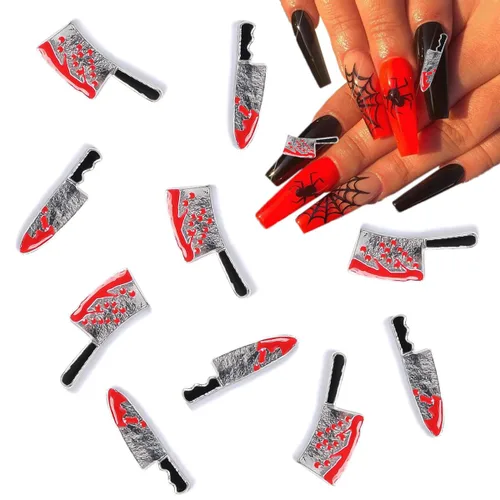 Vista 2 de Abalorios de aleación para uñas de Halloween, cuchillo plateado y rojo de terror, gemas de uñas con cuchillo sangriento metálico 3D, dijes de arte